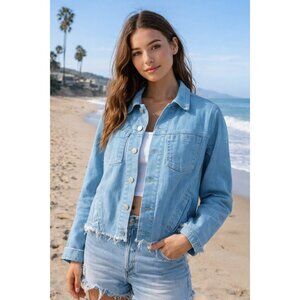 LAgence Powder Blue Cropped Frayed Hem Denim Jacket Womens Small Trucker